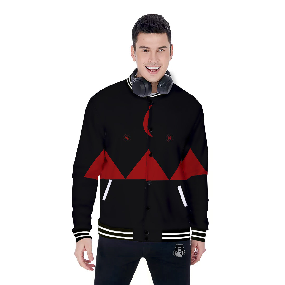 Pyramid Red Moon Print Baseball Jacket-grizzshop