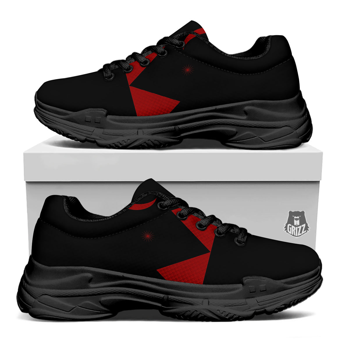 Pyramid Red Moon Print Black Chunky Shoes-grizzshop