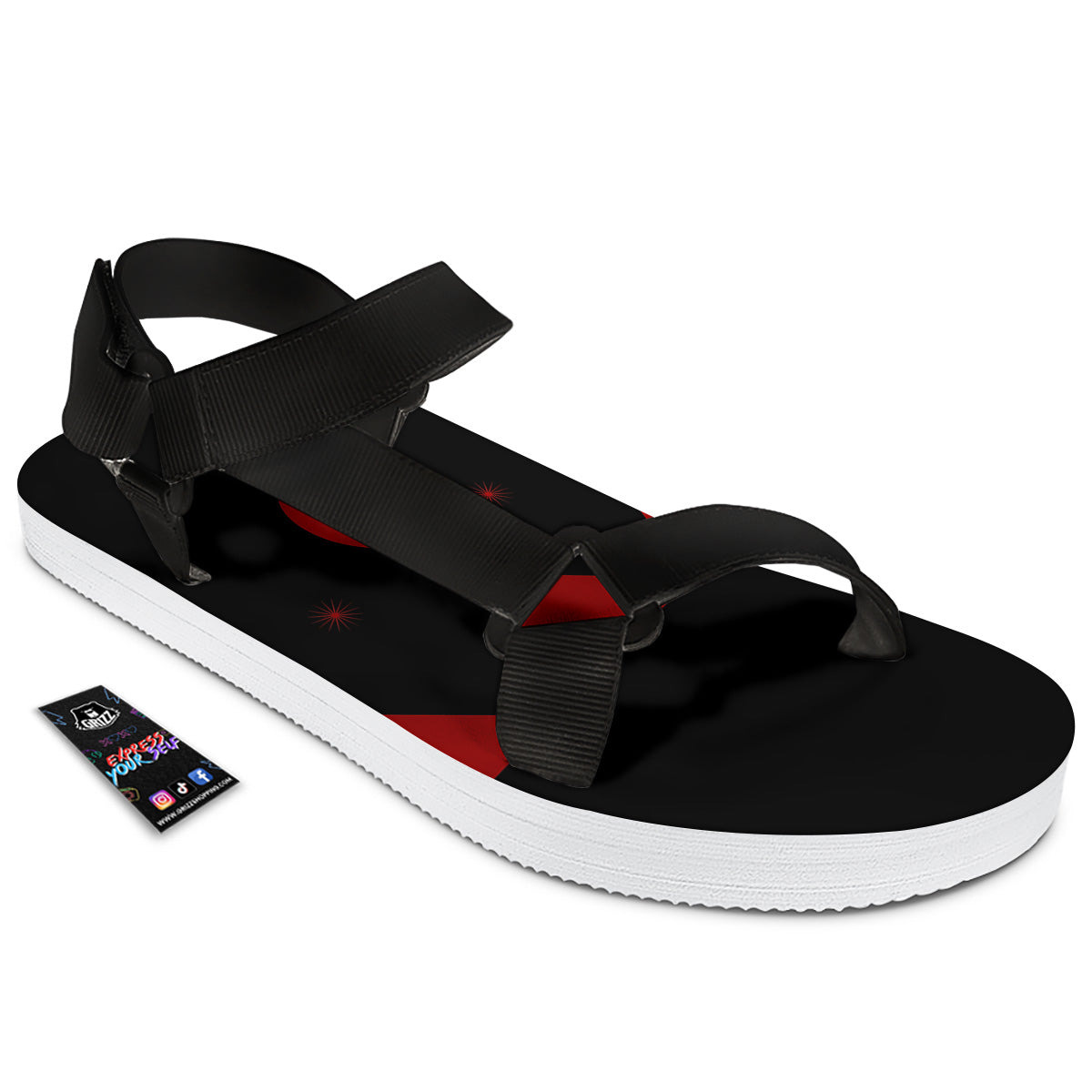 Pyramid Red Moon Print Black Open Toe Sandals-grizzshop