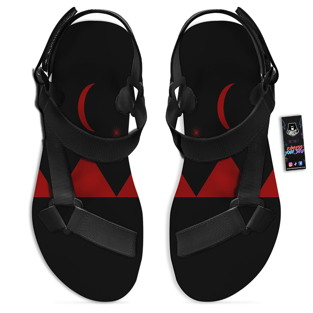Pyramid Red Moon Print Black Open Toe Sandals-grizzshop