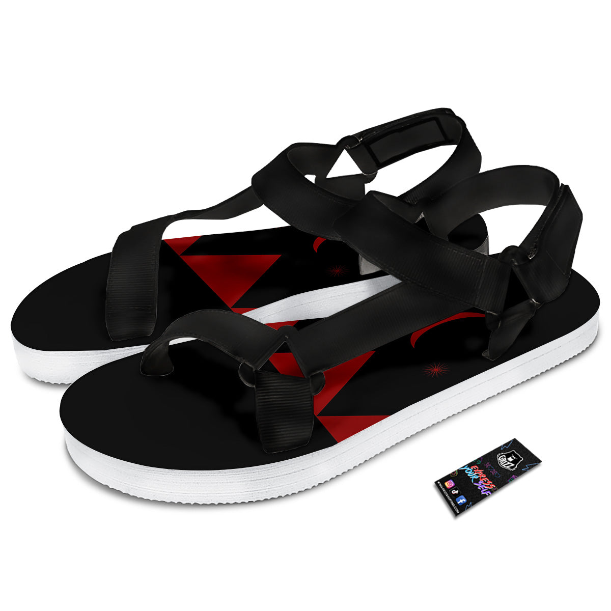Pyramid Red Moon Print Black Open Toe Sandals-grizzshop