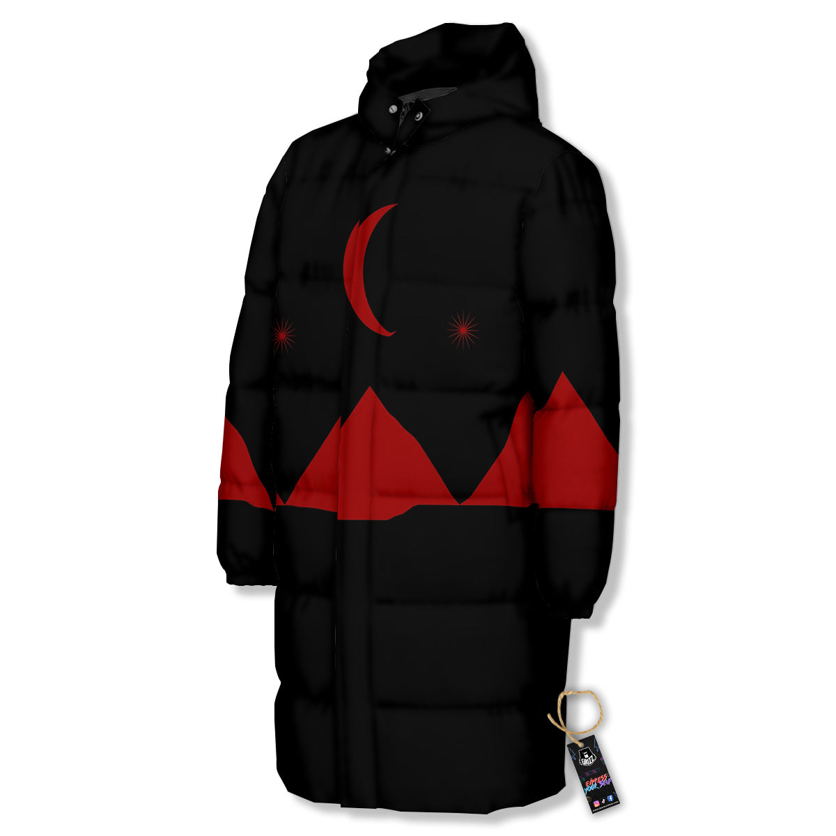 Pyramid Red Moon Print Long Down Jacket-grizzshop