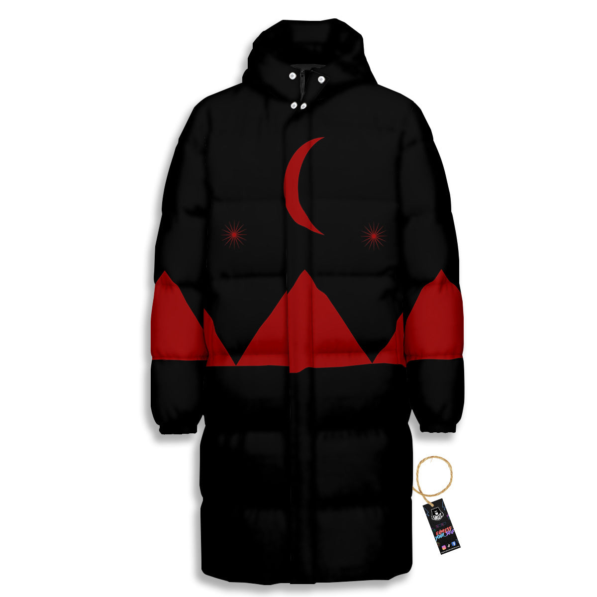 Pyramid Red Moon Print Long Down Jacket-grizzshop