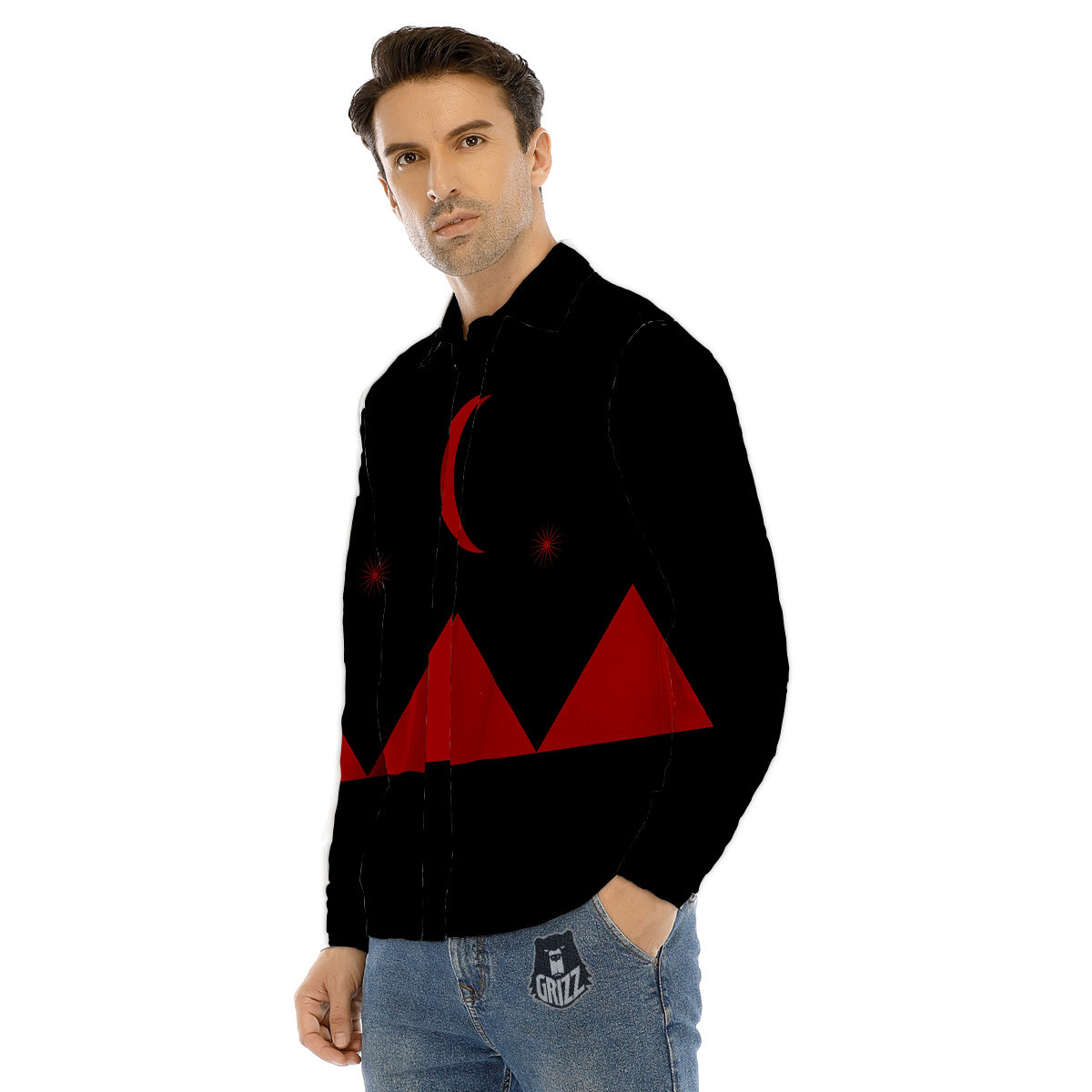 Pyramid Red Moon Print Men's Dress Shirts-grizzshop