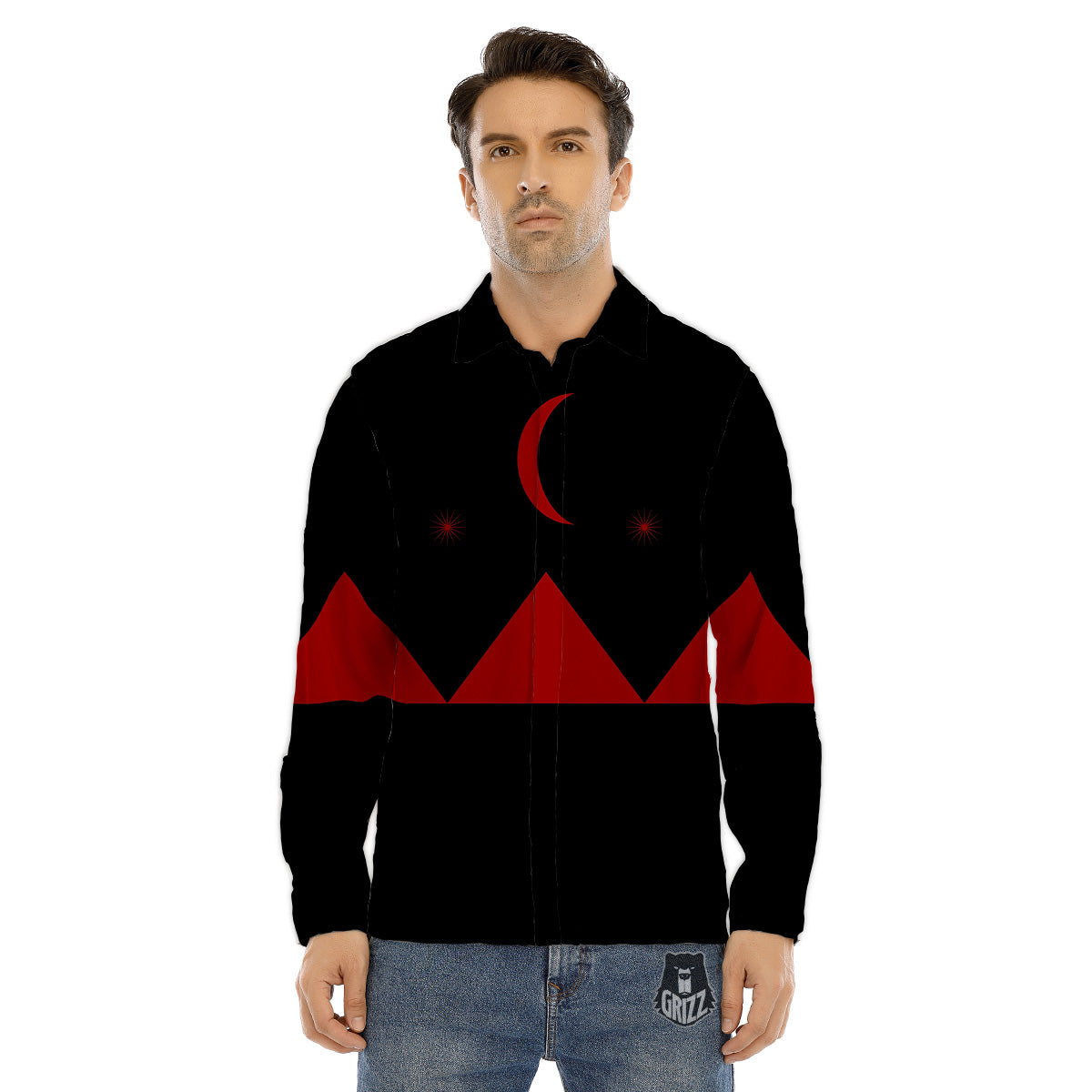 Pyramid Red Moon Print Men's Dress Shirts-grizzshop