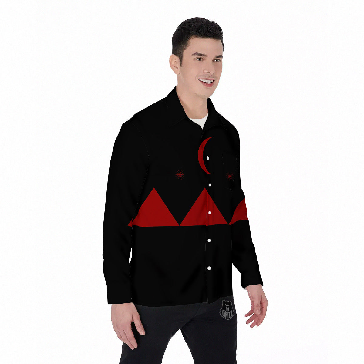 Pyramid Red Moon Print Men's Long Sleeve Shirts-grizzshop