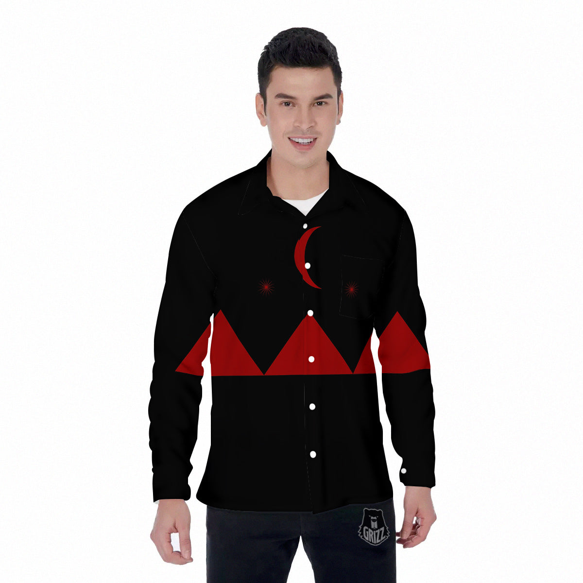 Pyramid Red Moon Print Men's Long Sleeve Shirts-grizzshop