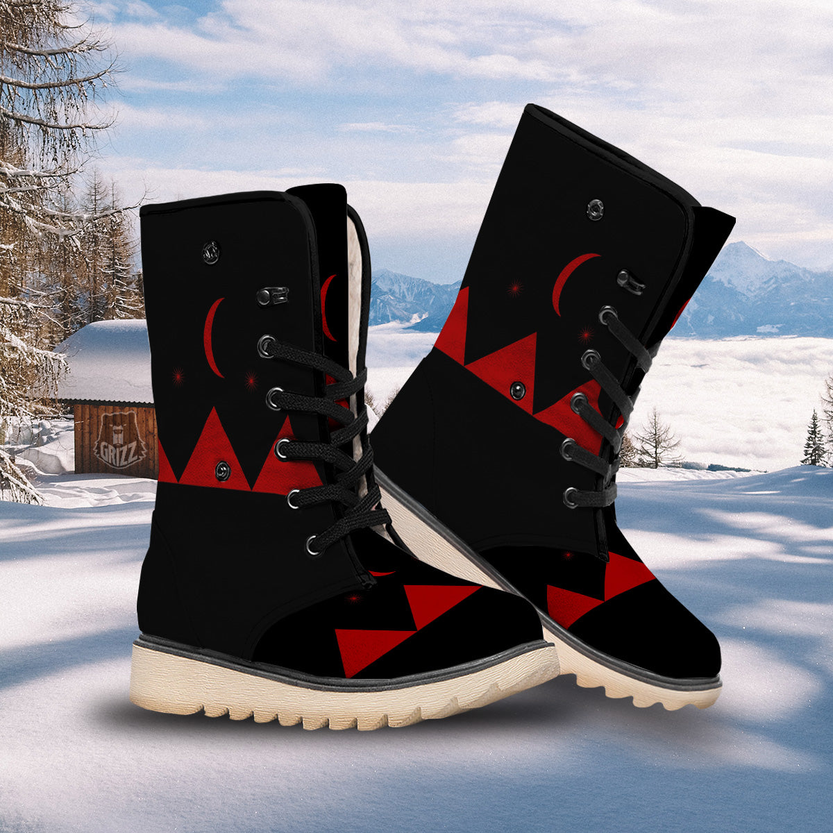 Pyramid Red Moon Print Snow Boots-grizzshop