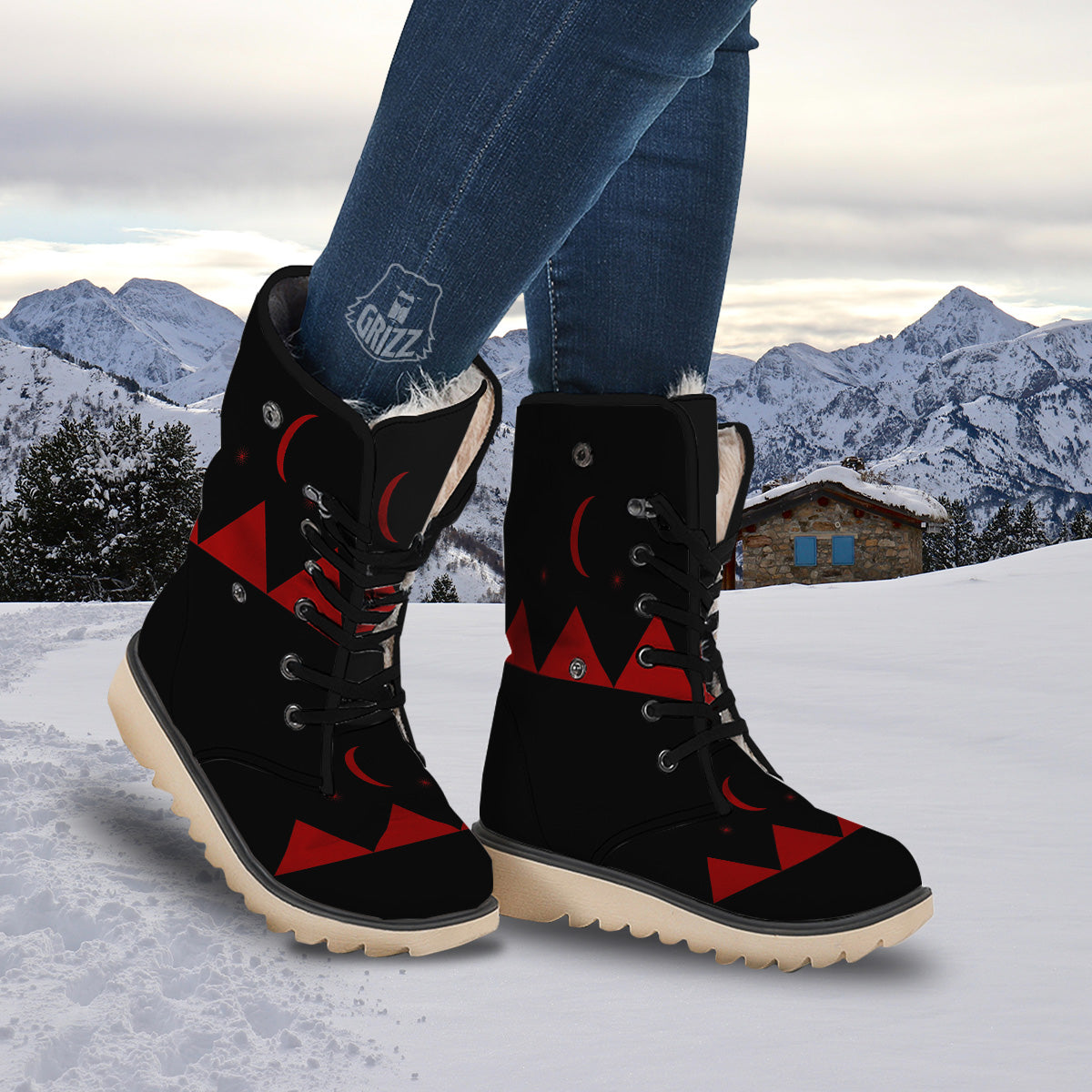 Pyramid Red Moon Print Snow Boots-grizzshop