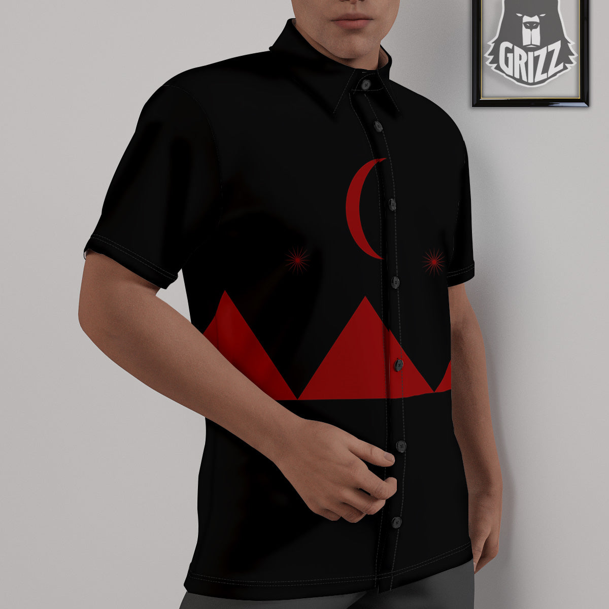 Pyramid Red Moon Print Untucked Shirts-grizzshop