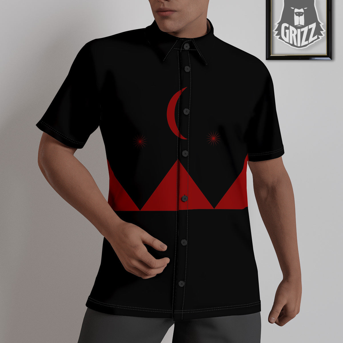 Pyramid Red Moon Print Untucked Shirts-grizzshop