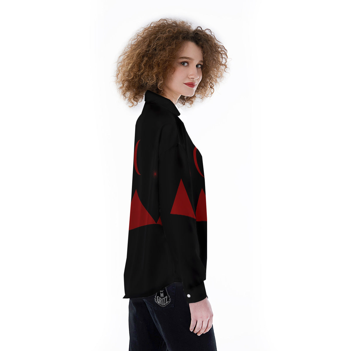 Pyramid Red Moon Print Women's Long Sleeve Shirts-grizzshop