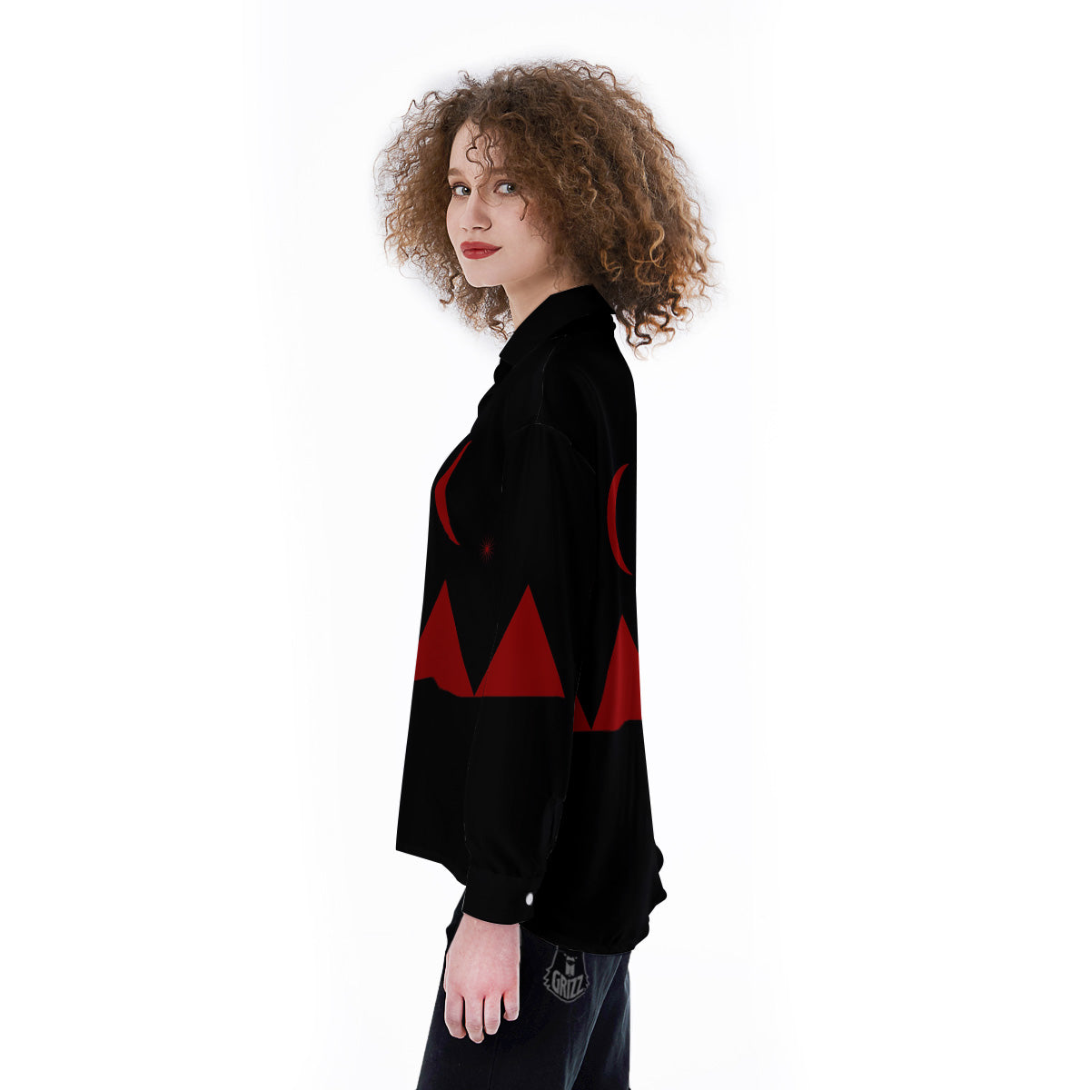 Pyramid Red Moon Print Women's Long Sleeve Shirts-grizzshop