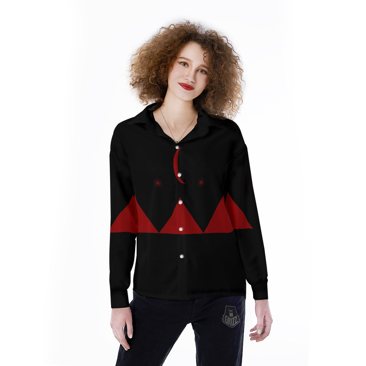 Pyramid Red Moon Print Women's Long Sleeve Shirts-grizzshop
