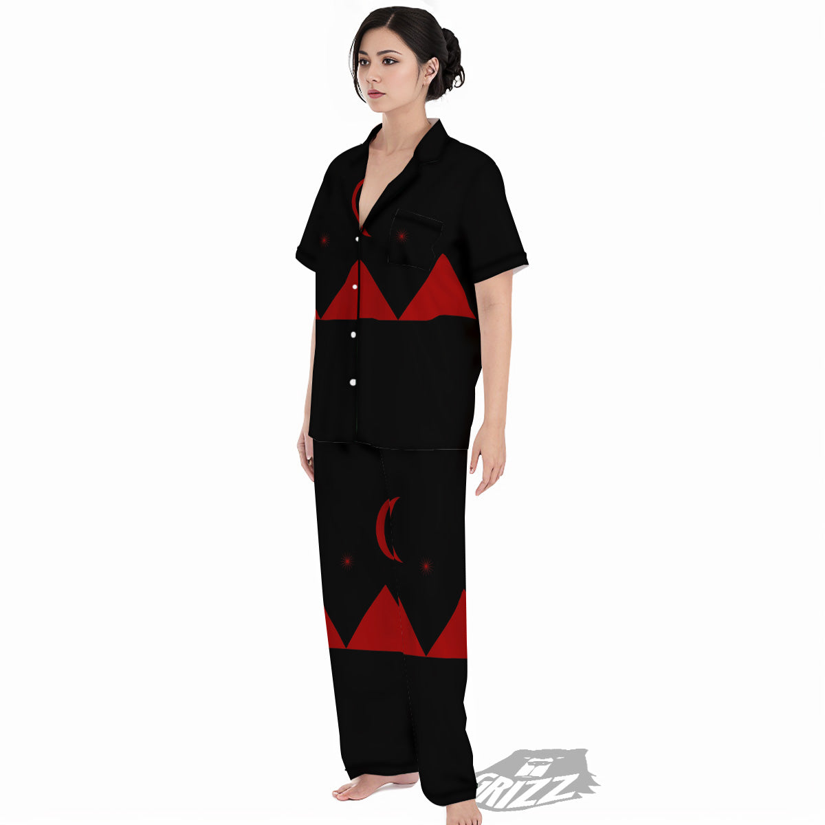 Pyramid Red Moon Print Women's Pajamas Set-grizzshop