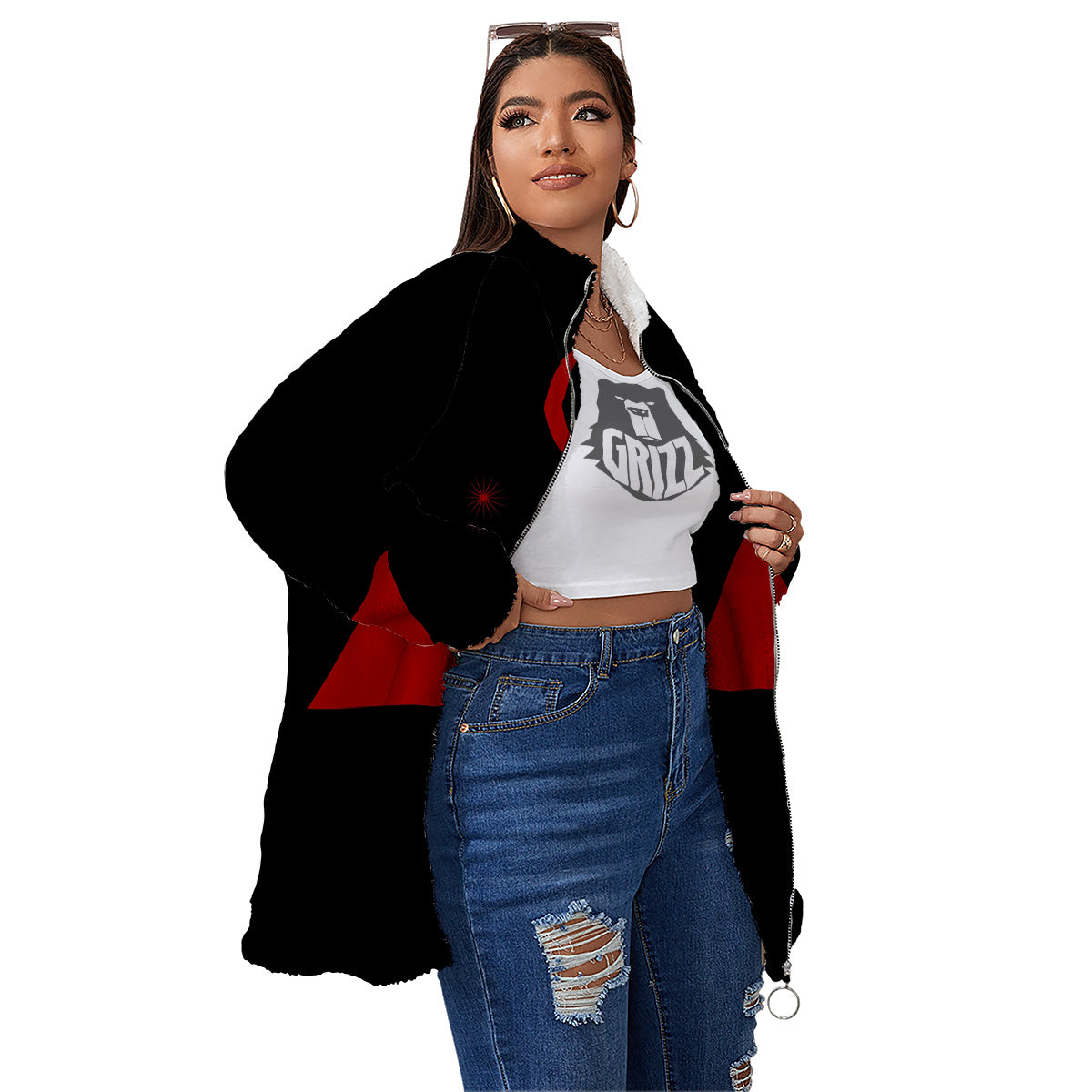 Pyramid Red Moon Print Women's Sherpa Jacket-grizzshop