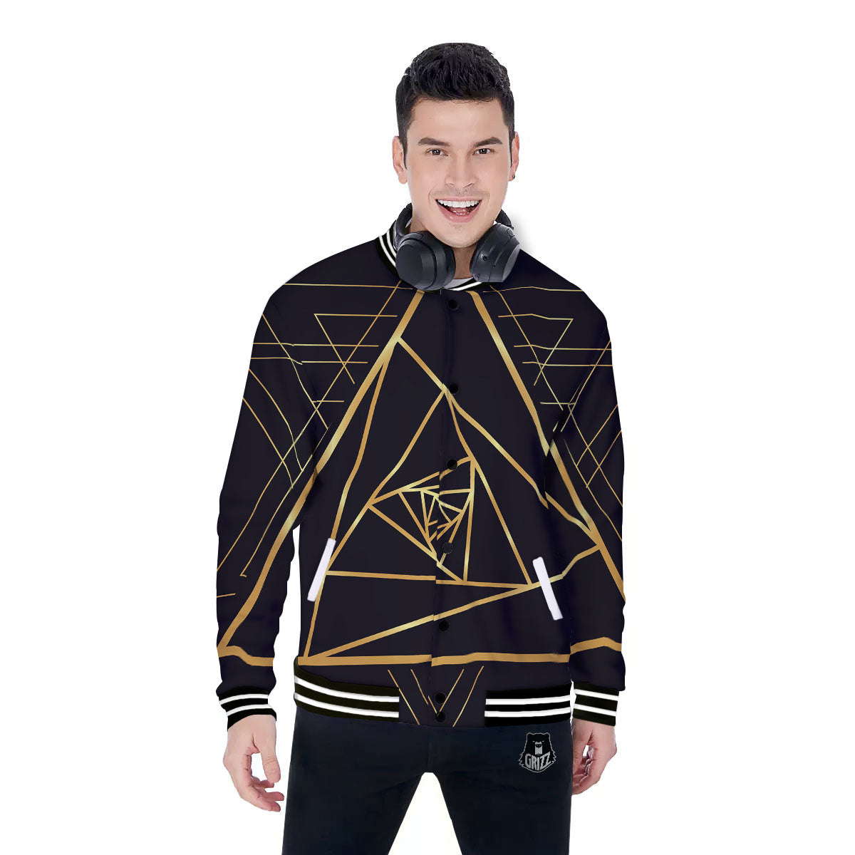 Pyramid Rose Print Baseball Jacket-grizzshop