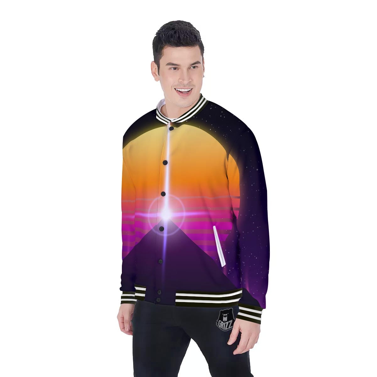 Pyramid Synthwave Print Baseball Jacket-grizzshop
