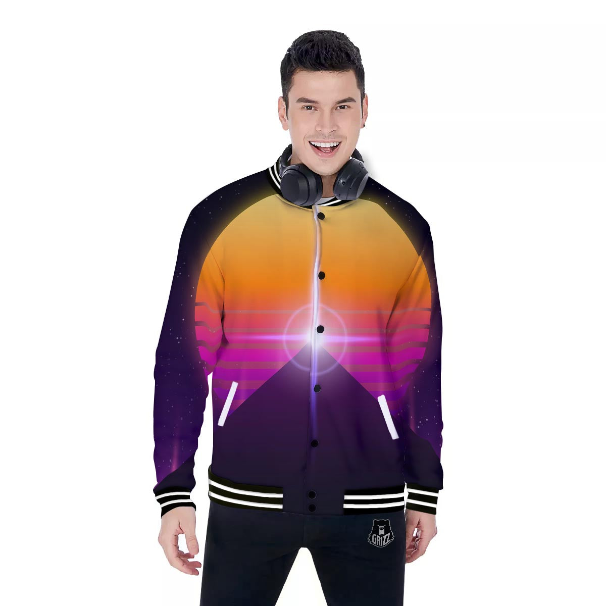 Pyramid Synthwave Print Baseball Jacket-grizzshop