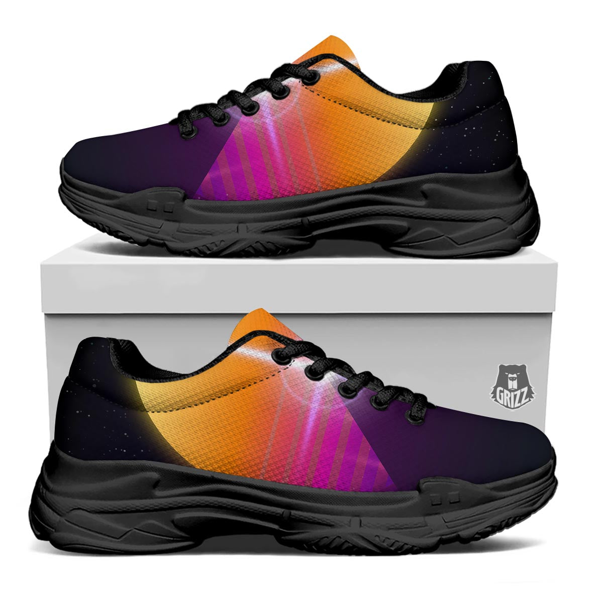 Pyramid Synthwave Print Black Chunky Shoes-grizzshop