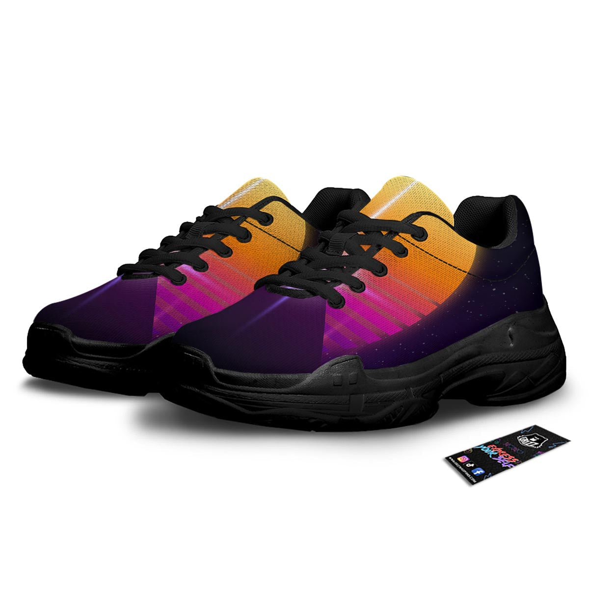 Pyramid Synthwave Print Black Chunky Shoes-grizzshop