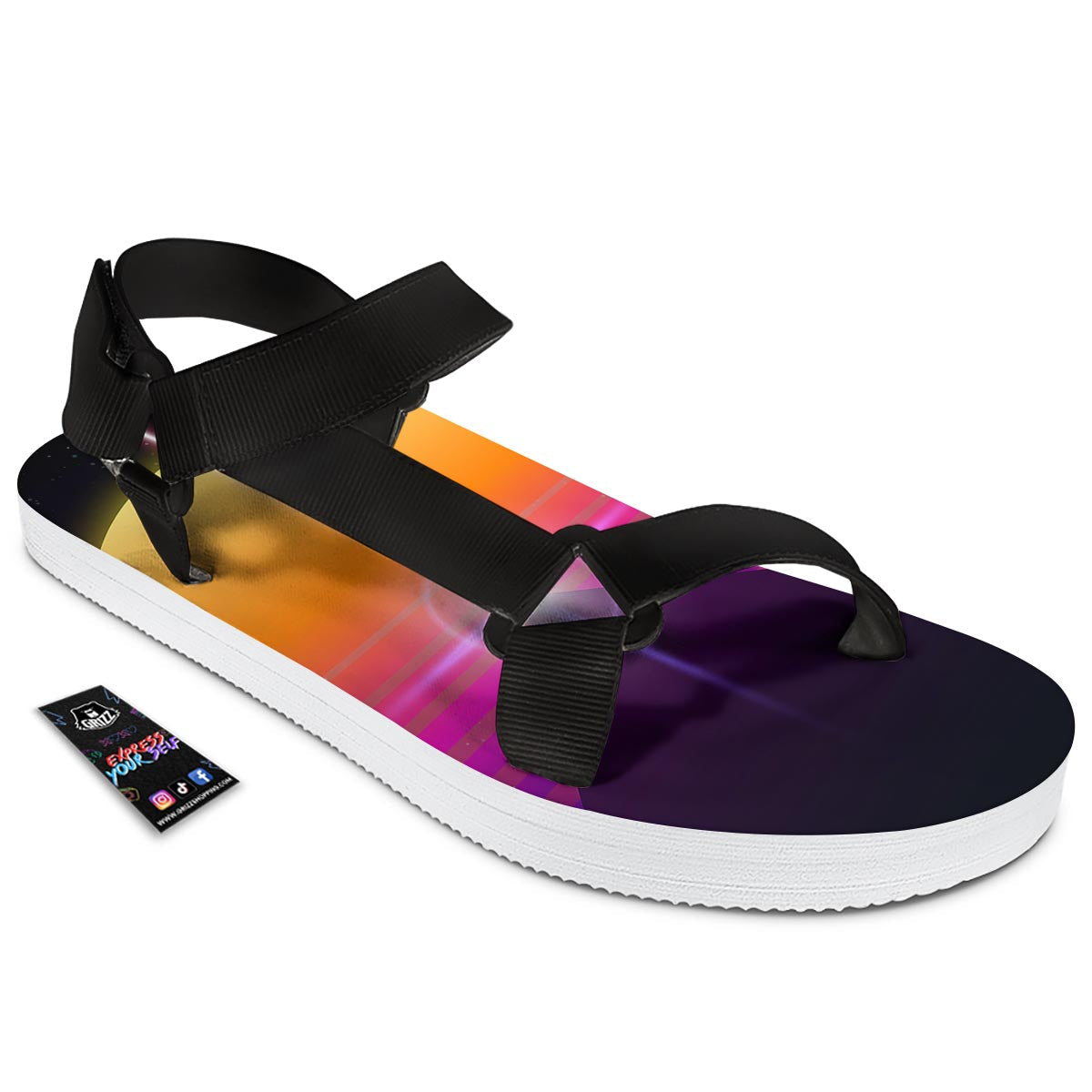 Pyramid Synthwave Print Black Open Toe Sandals-grizzshop