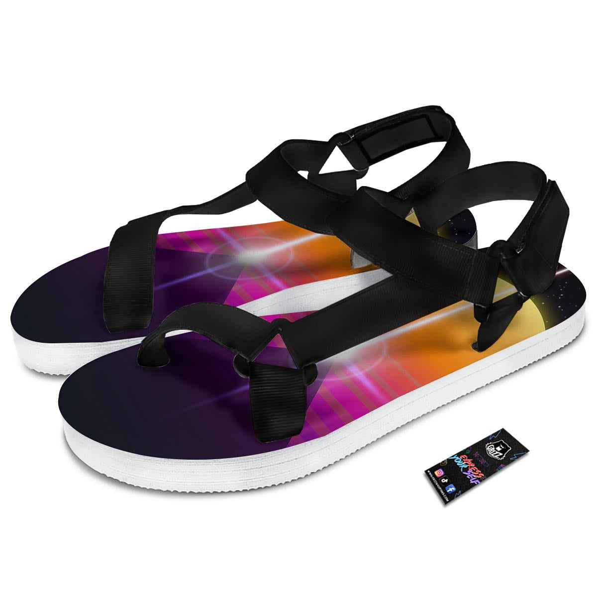 Pyramid Synthwave Print Black Open Toe Sandals-grizzshop