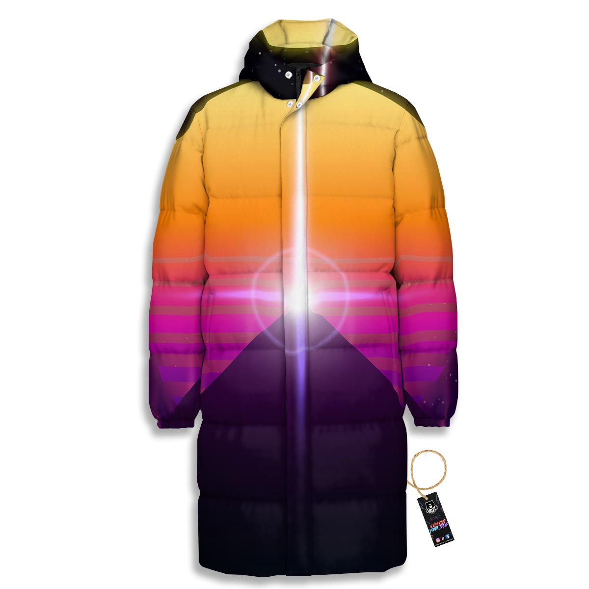 Pyramid Synthwave Print Long Down Jacket-grizzshop