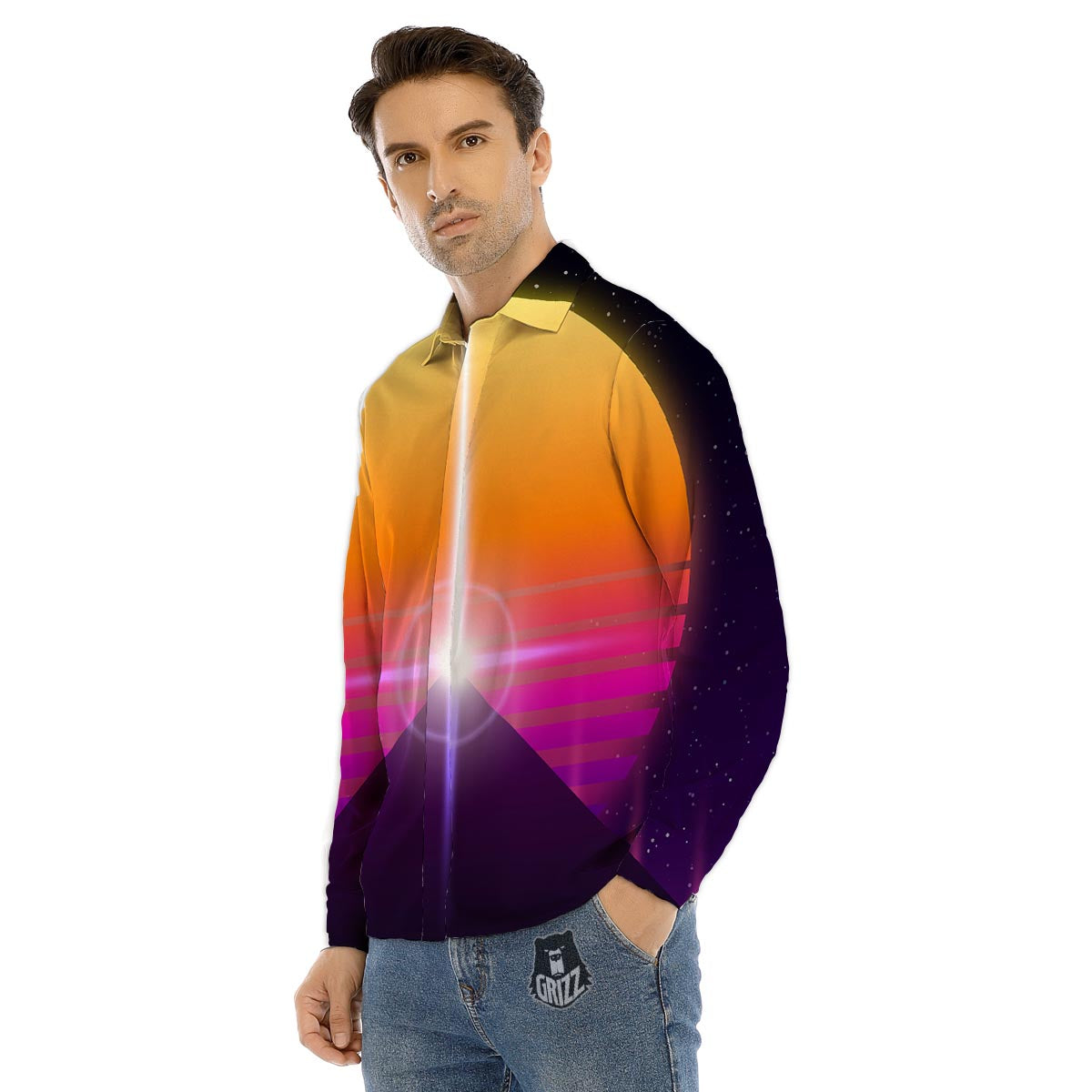 Pyramid Synthwave Print Men's Dress Shirts-grizzshop