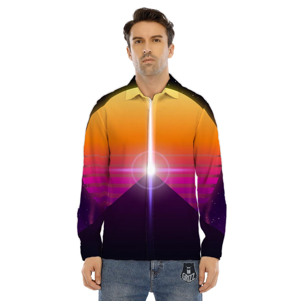 Pyramid Synthwave Print Men's Dress Shirts-grizzshop