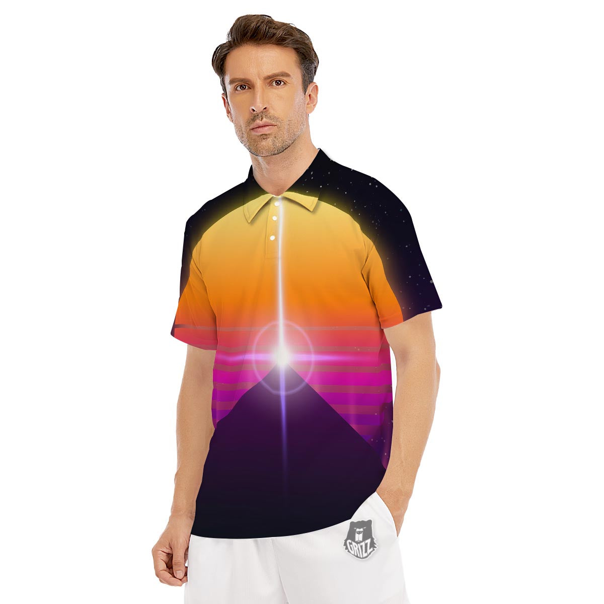Pyramid Synthwave Print Men's Golf Shirts-grizzshop