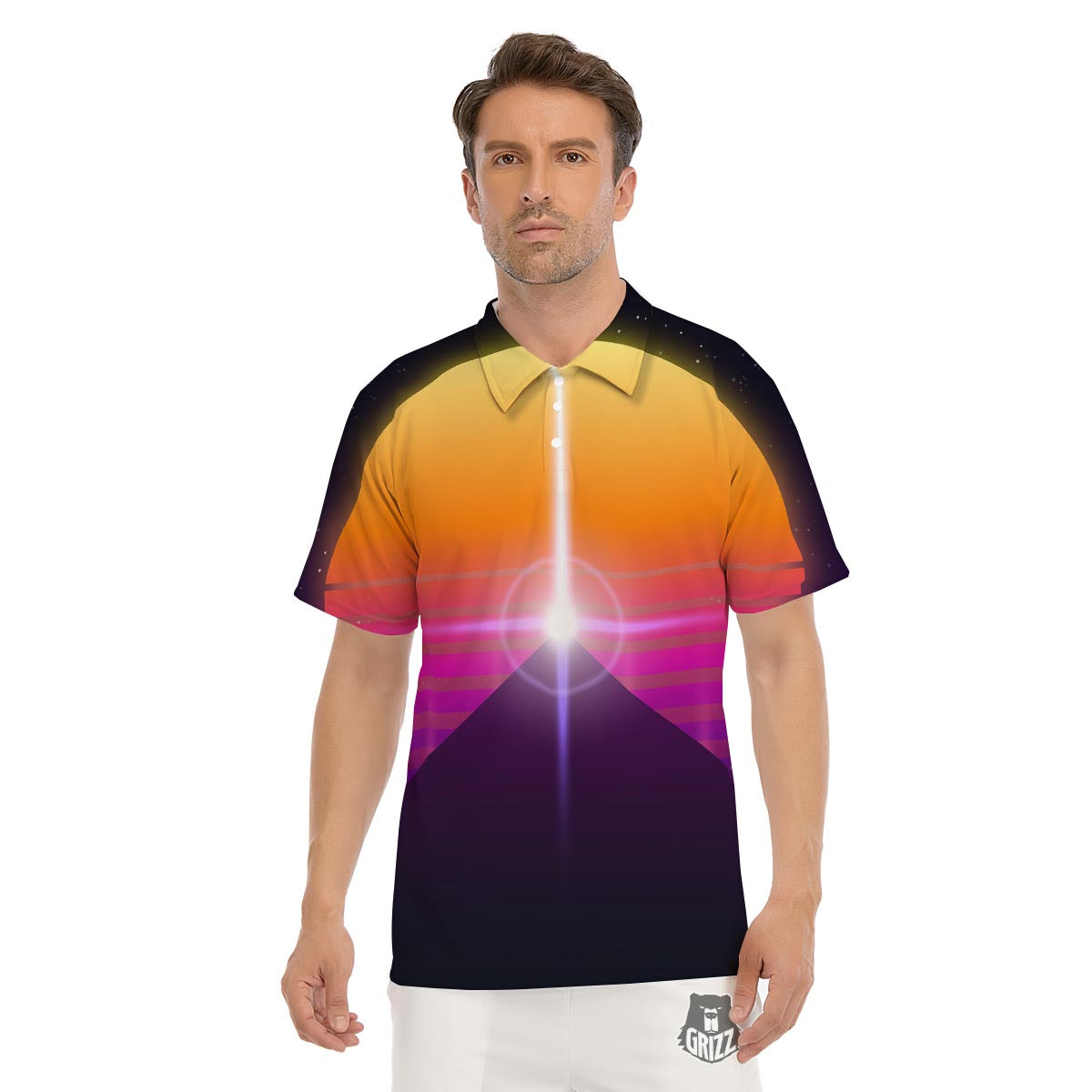 Pyramid Synthwave Print Men's Golf Shirts-grizzshop