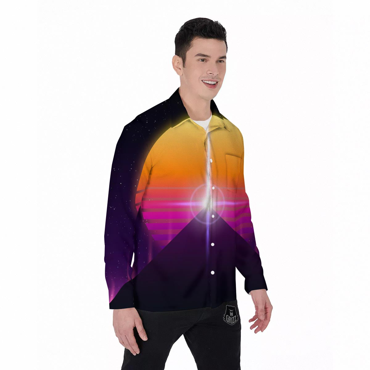 Pyramid Synthwave Print Men's Long Sleeve Shirts-grizzshop
