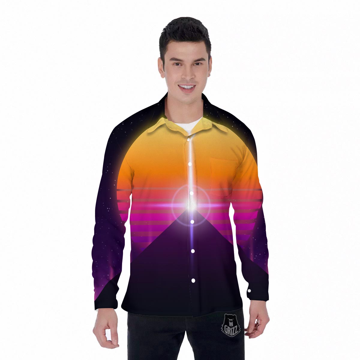 Pyramid Synthwave Print Men's Long Sleeve Shirts-grizzshop