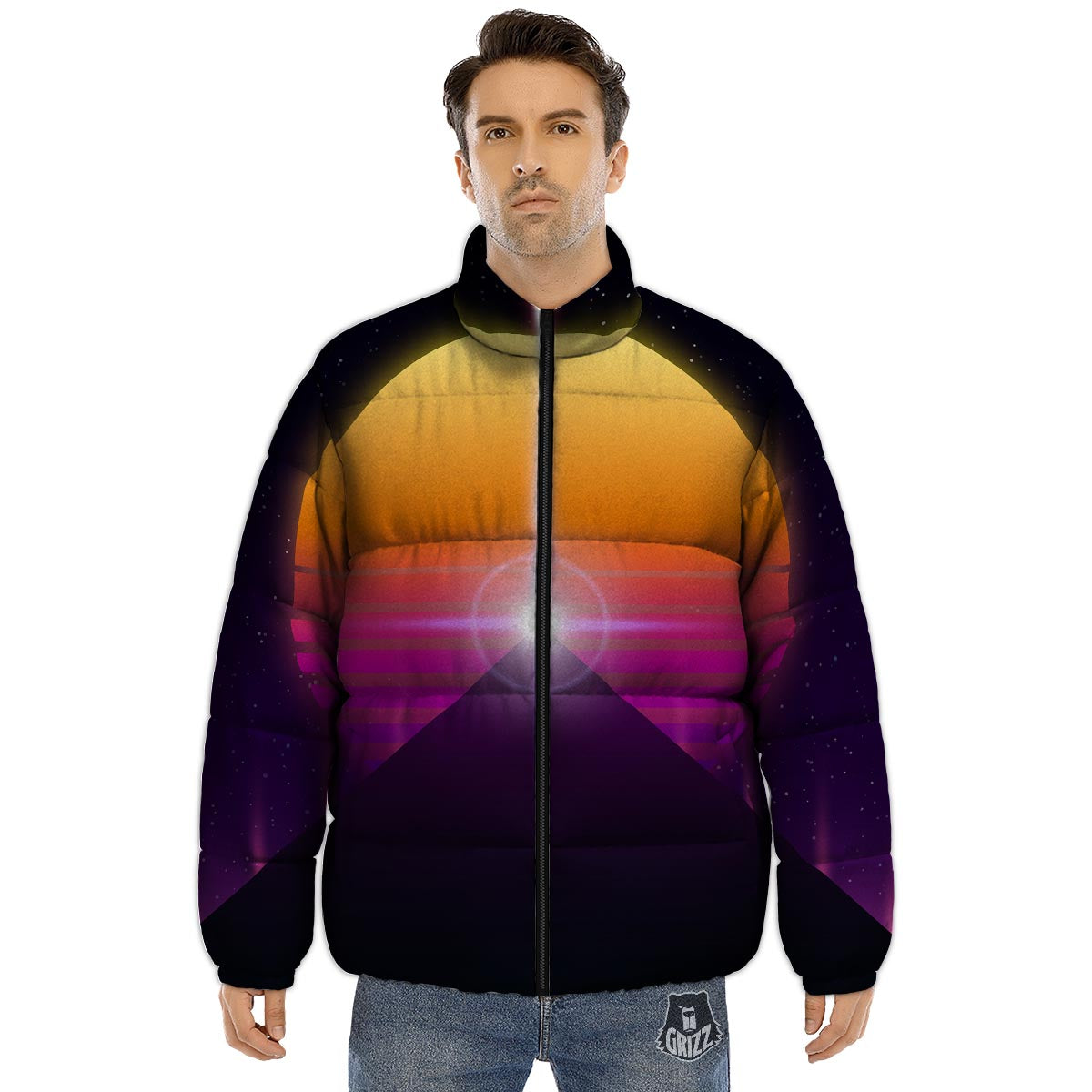 Pyramid Synthwave Print Puffer Jacket-grizzshop