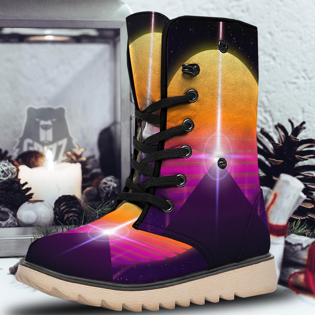 Pyramid Synthwave Print Snow Boots-grizzshop