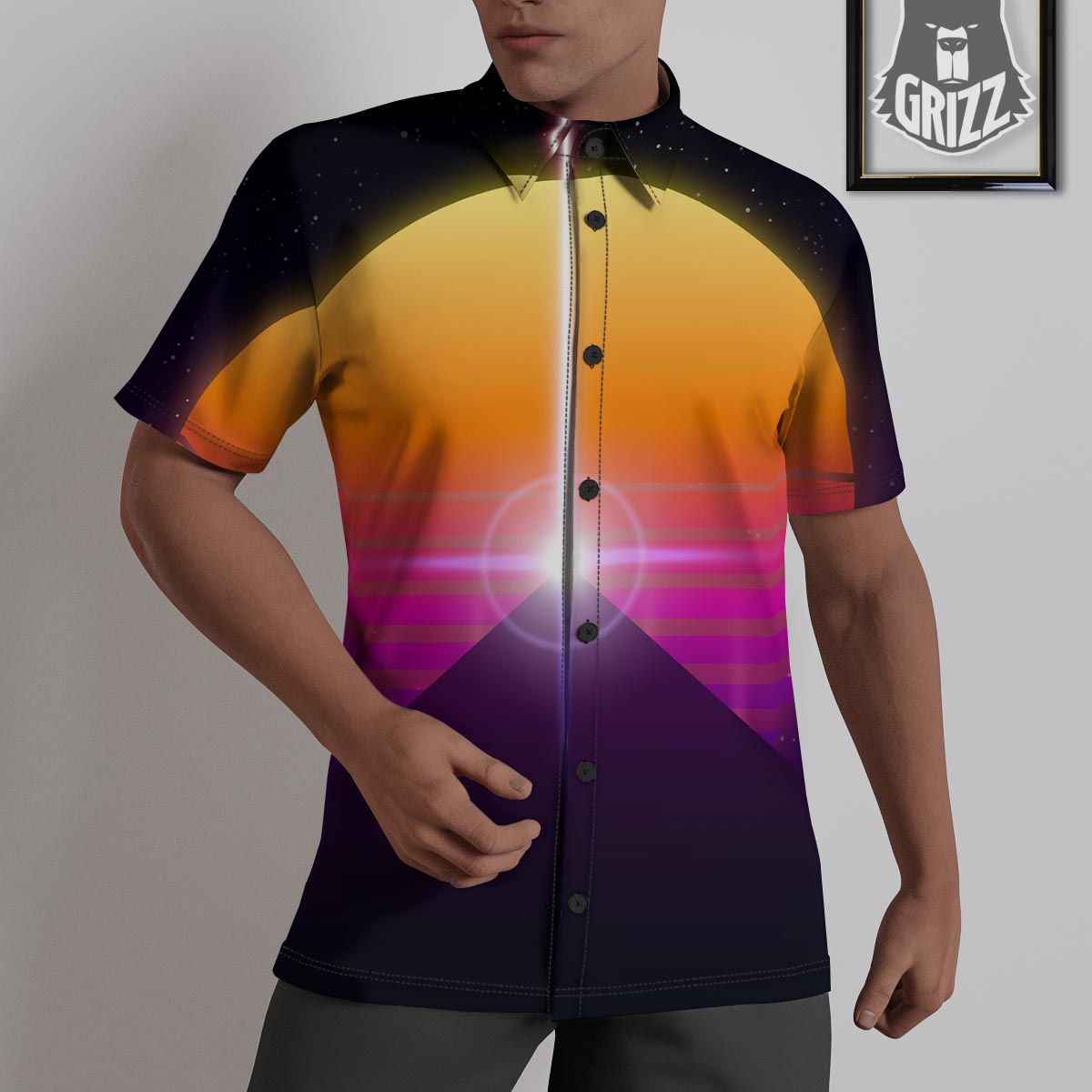 Pyramid Synthwave Print Untucked Shirts-grizzshop