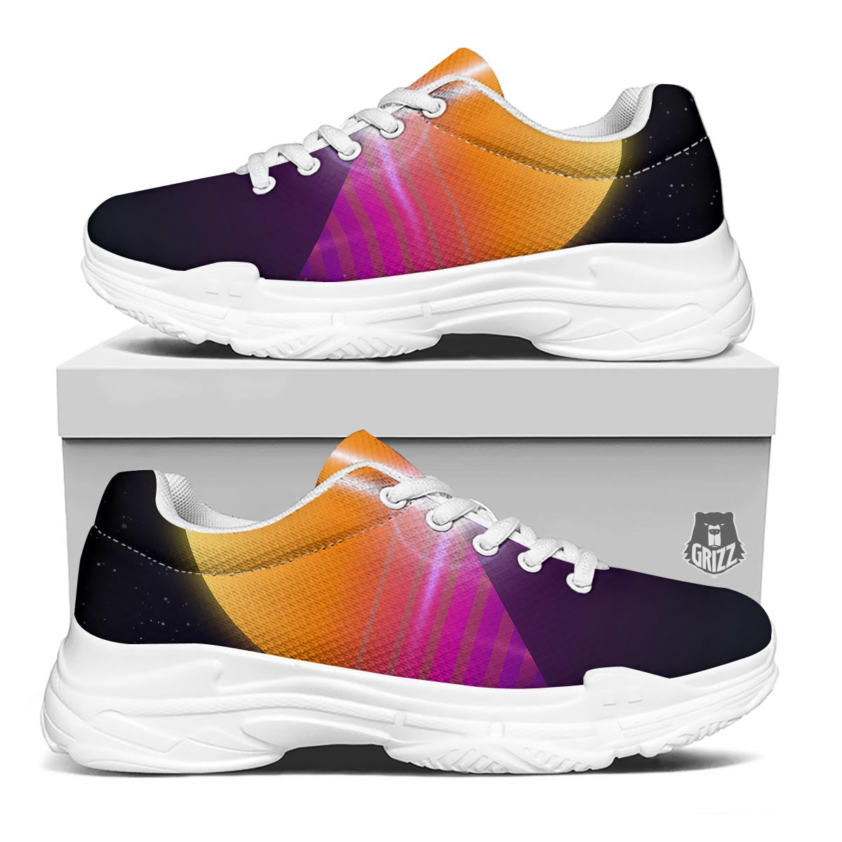 Pyramid Synthwave Print White Chunky Shoes-grizzshop
