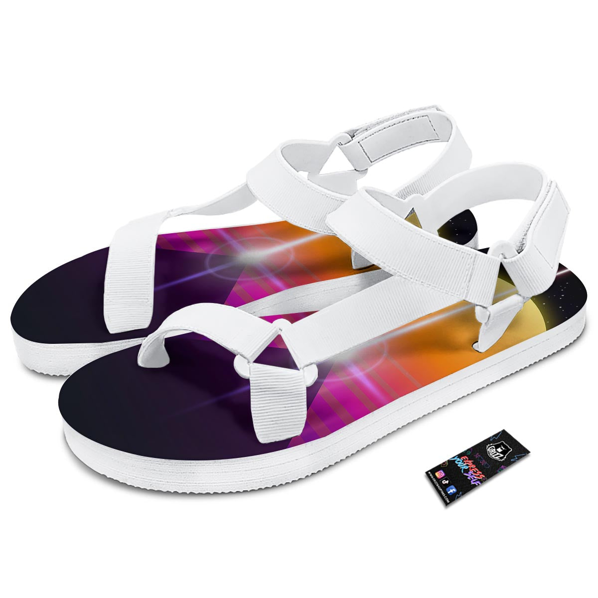Pyramid Synthwave Print White Open Toe Sandals-grizzshop