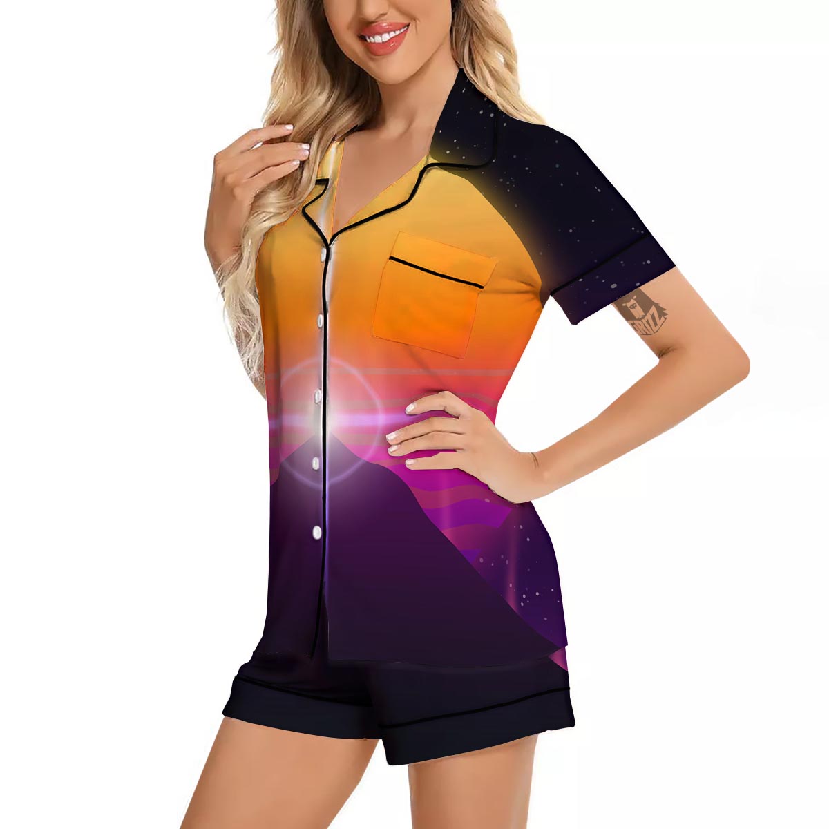 Pyramid Synthwave Print Women Silk Pajamas-grizzshop