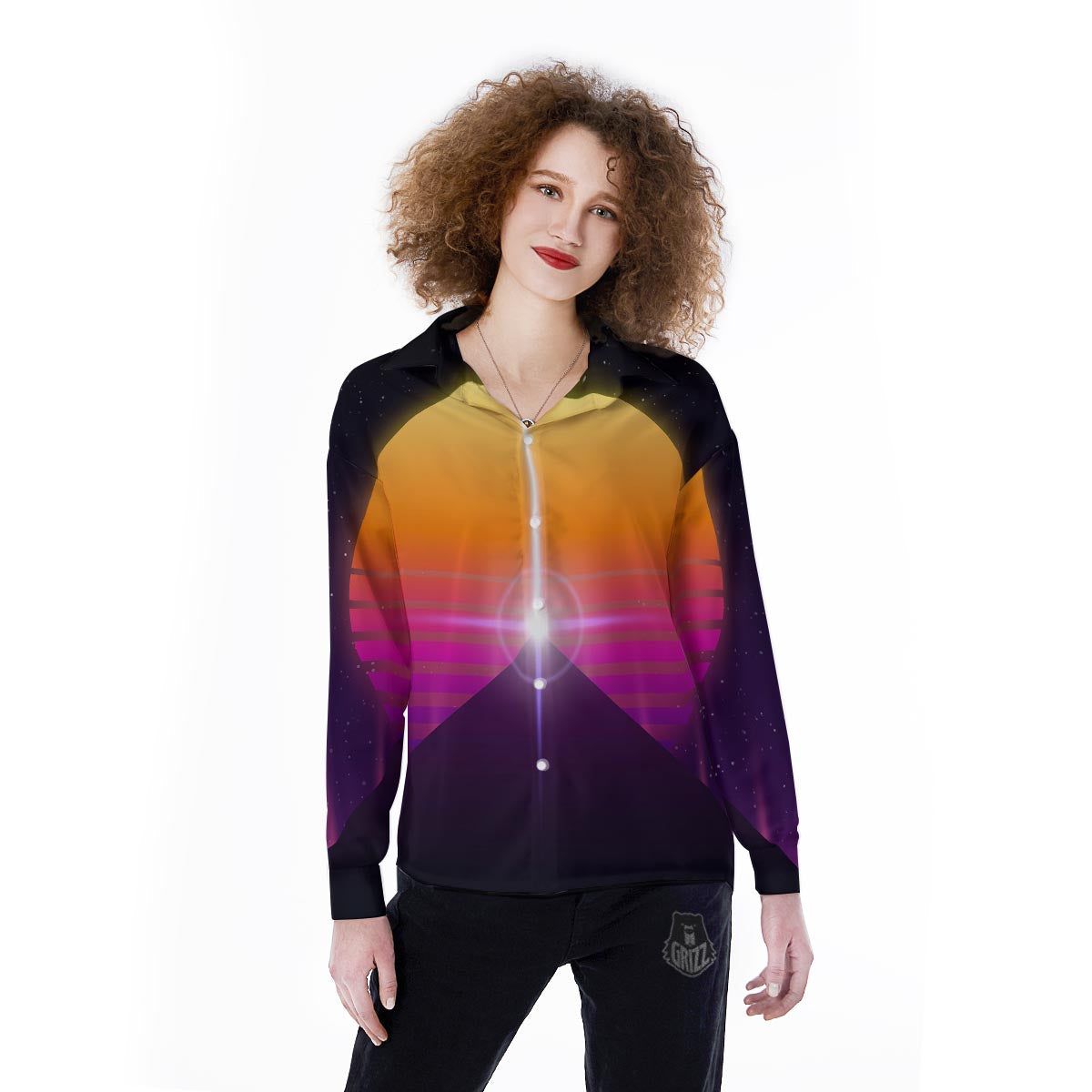 Pyramid Synthwave Print Women's Long Sleeve Shirts-grizzshop