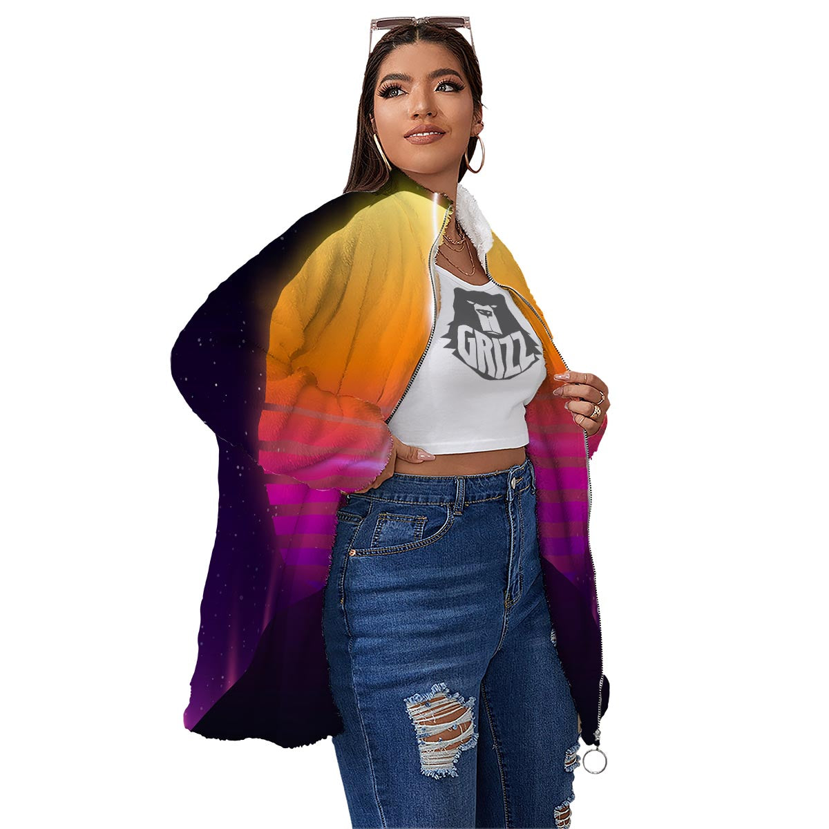 Pyramid Synthwave Print Women's Sherpa Jacket-grizzshop