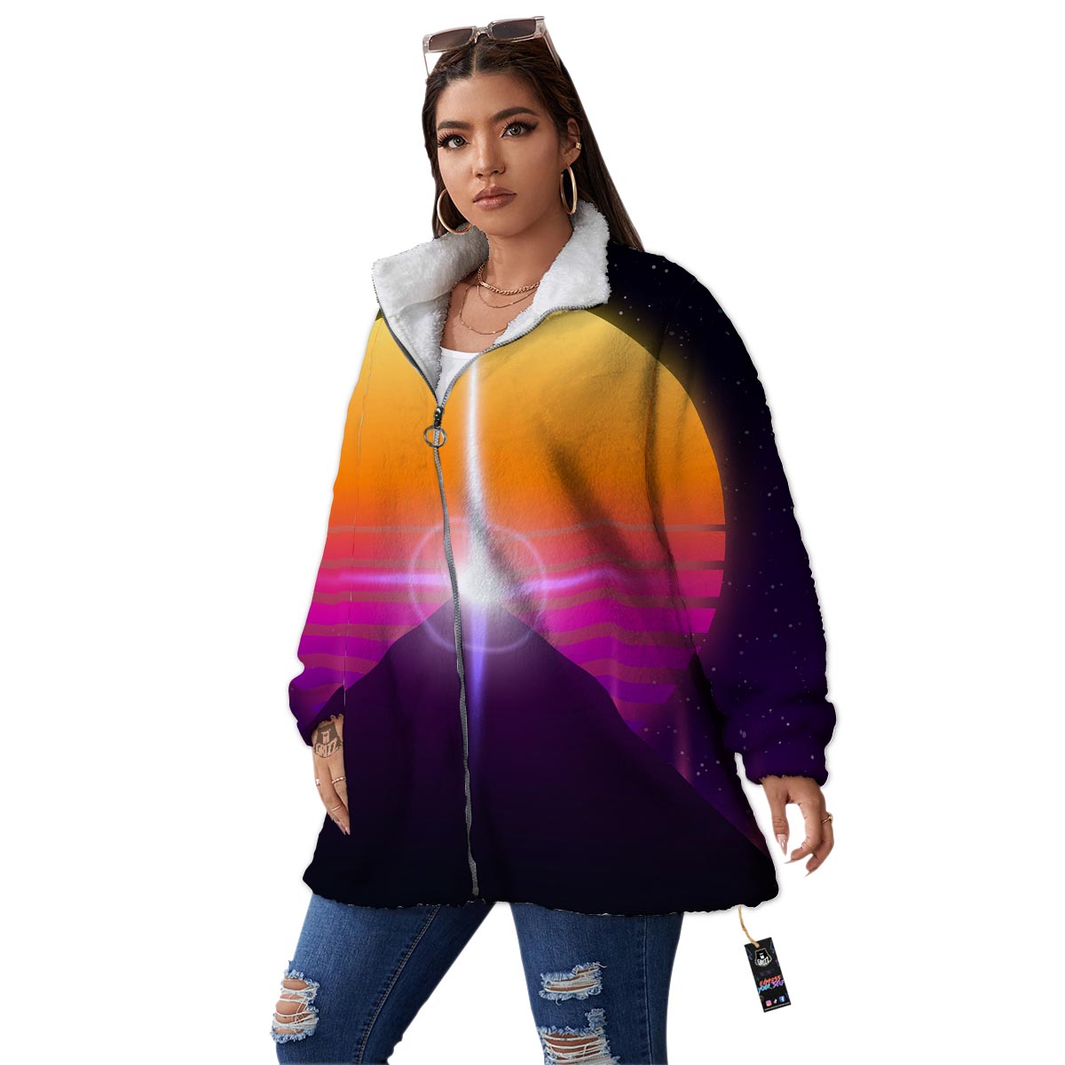 Pyramid Synthwave Print Women's Sherpa Jacket-grizzshop