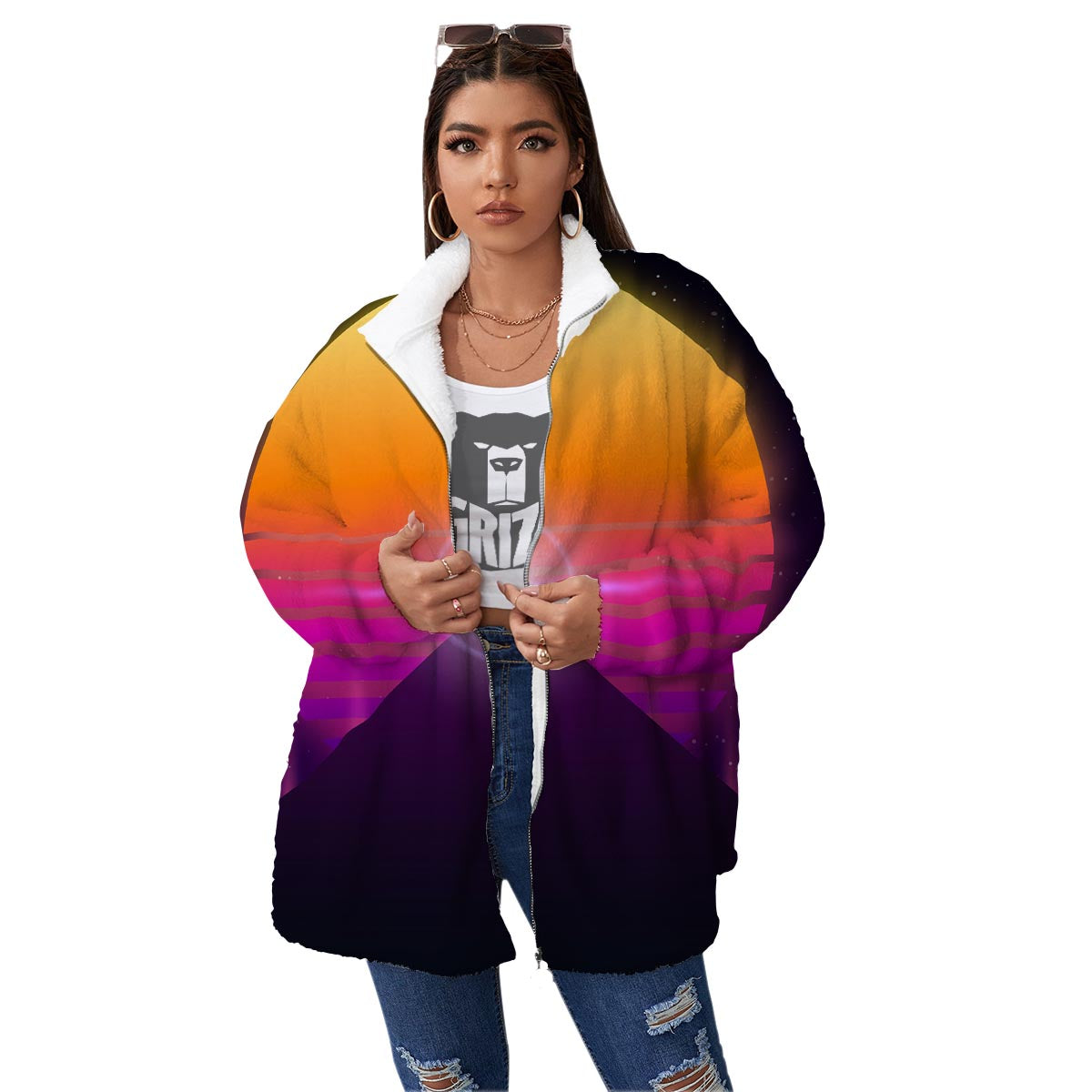 Pyramid Synthwave Print Women's Sherpa Jacket-grizzshop