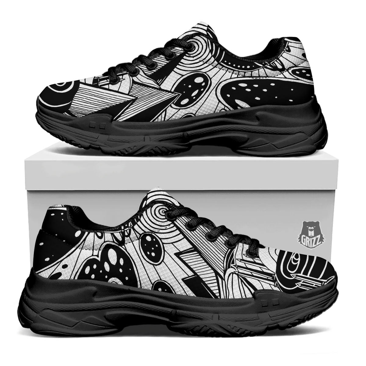 Pyramid UFO Print Black Chunky Shoes-grizzshop