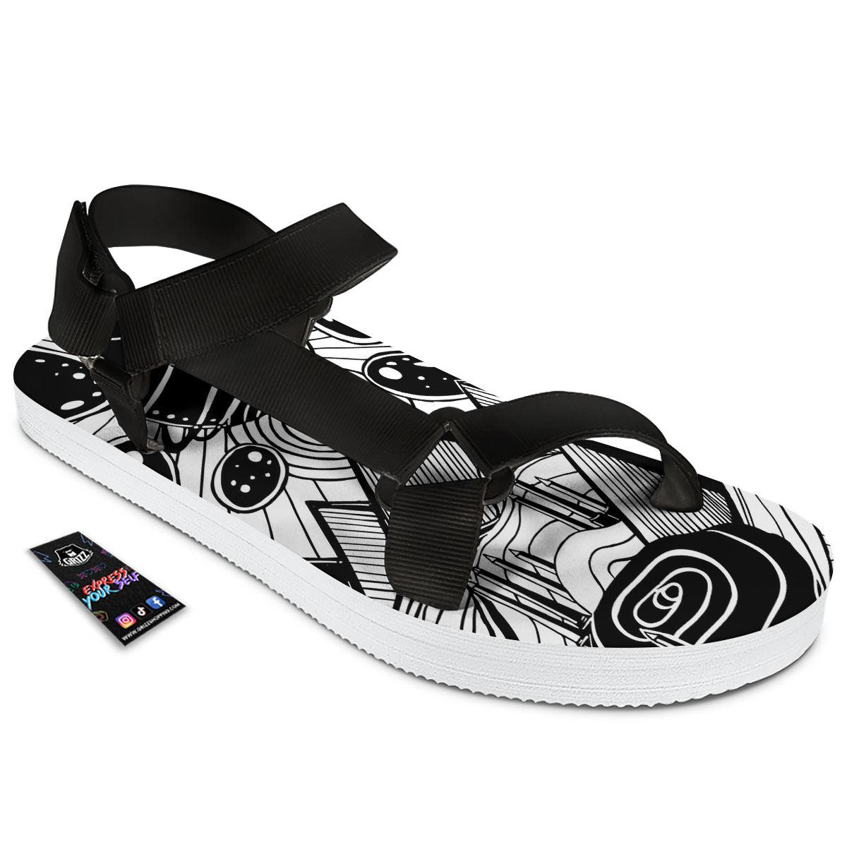 Pyramid UFO Print Black Open Toe Sandals-grizzshop