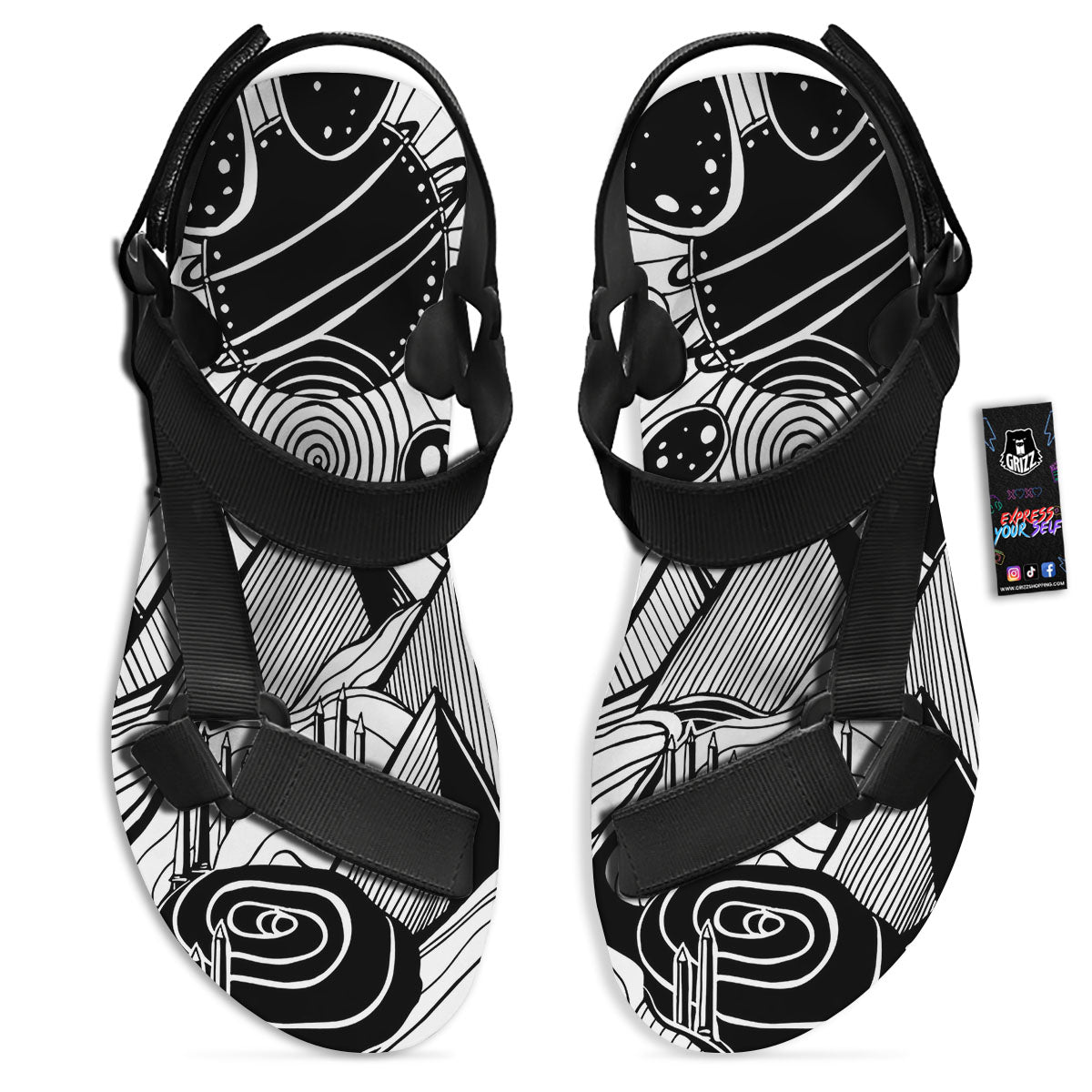 Pyramid UFO Print Black Open Toe Sandals-grizzshop