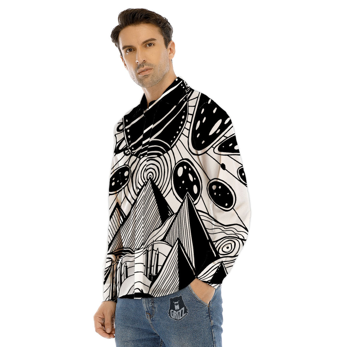 Pyramid UFO Print Men's Dress Shirts-grizzshop