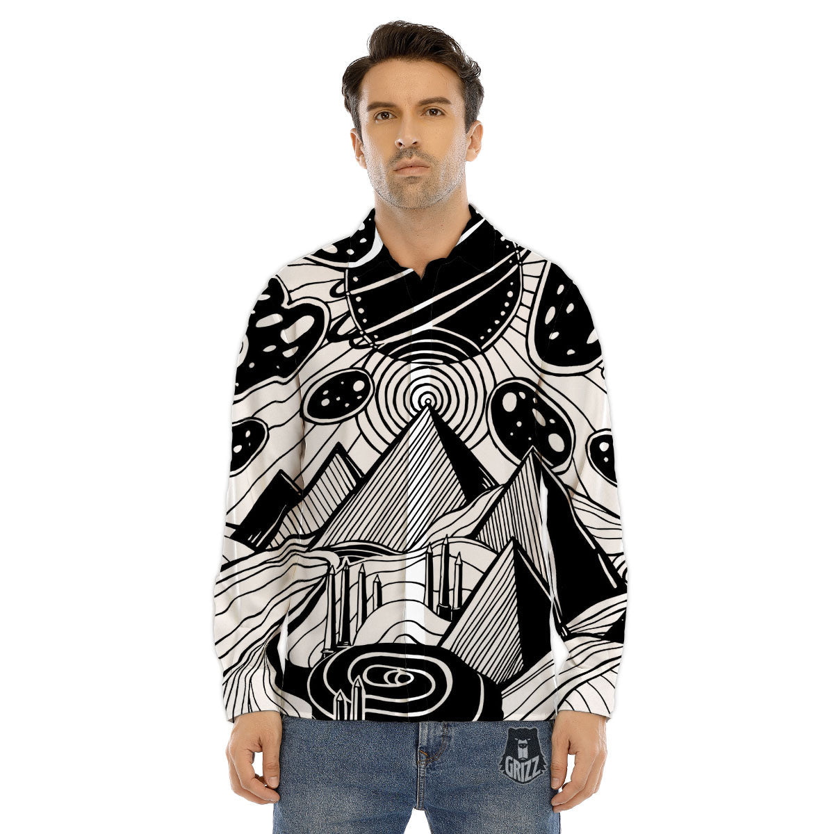 Pyramid UFO Print Men's Dress Shirts-grizzshop