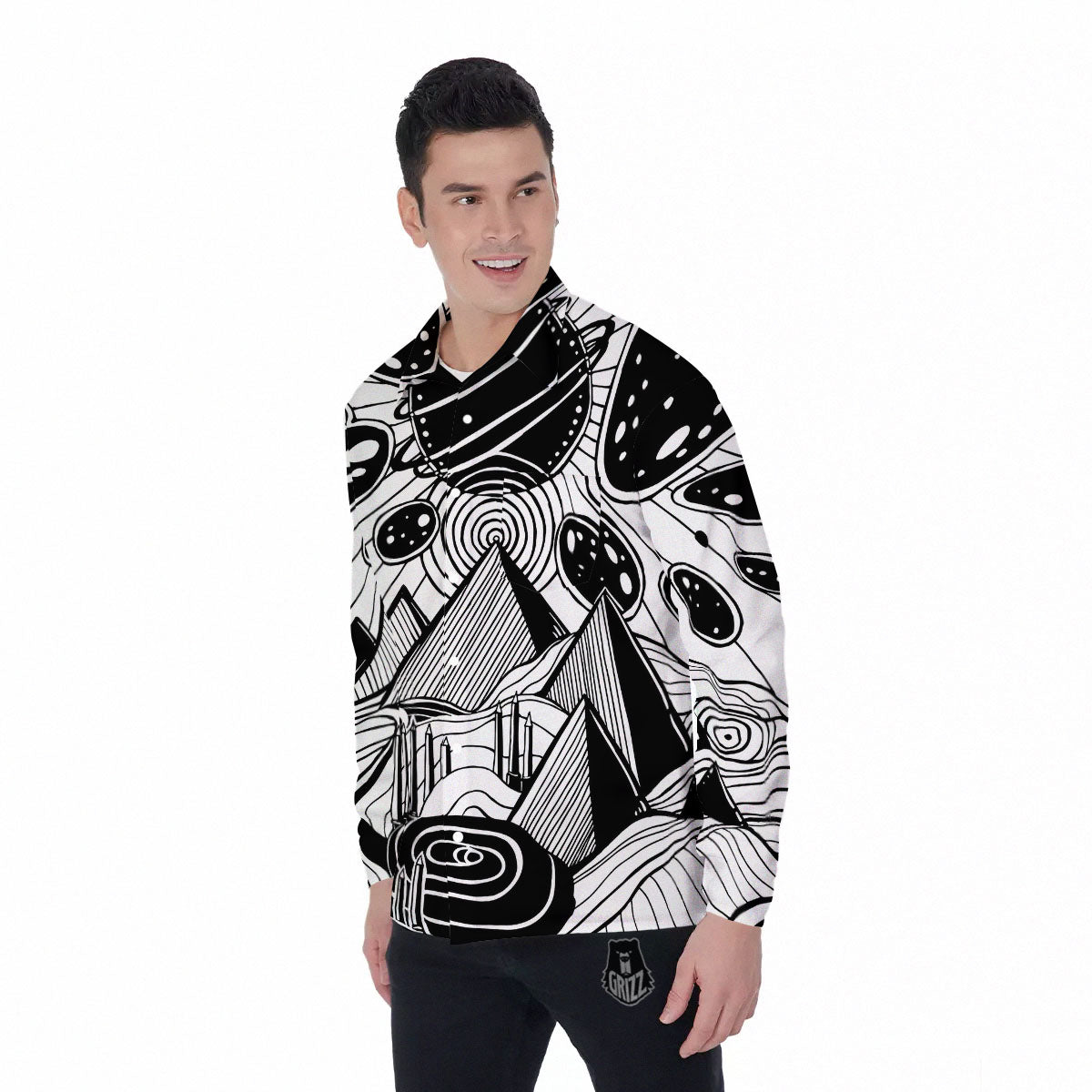 Pyramid UFO Print Men's Long Sleeve Shirts-grizzshop